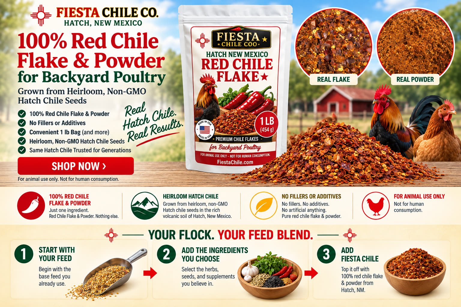 Fiesta Chile Co — 100% Red Chile Flake & Powder for backyard poultry.
